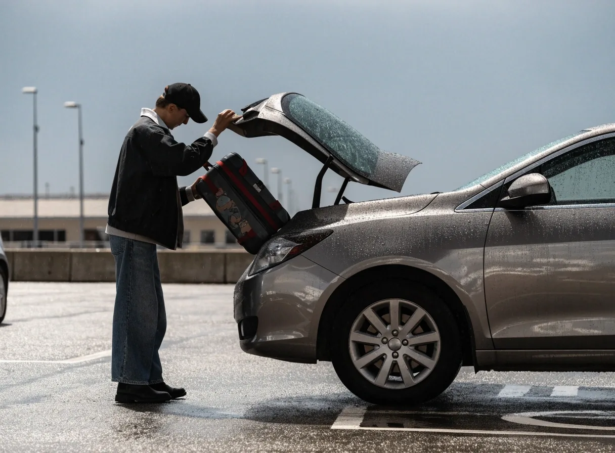Car parked in open-air bay with rain on roof