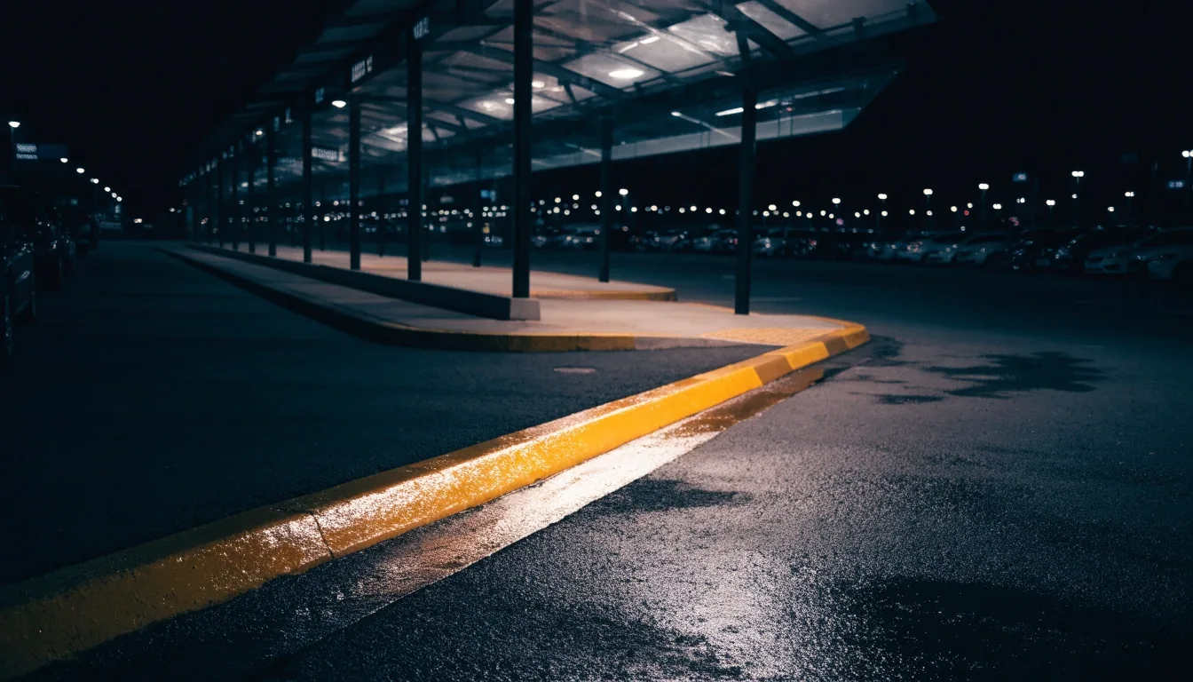 Empty shuttle transfer stop at night with wet kerb