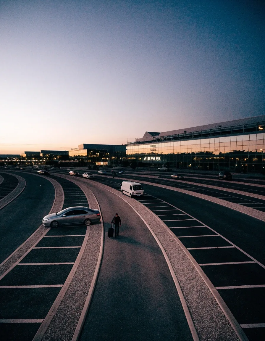 Open-air long-stay parking rows viewed from above at dusk