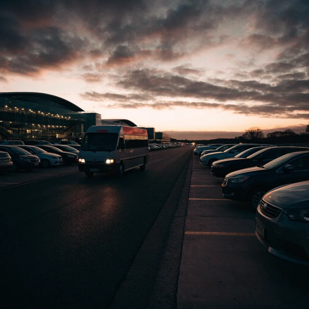 Airport road toward terminals at dusk