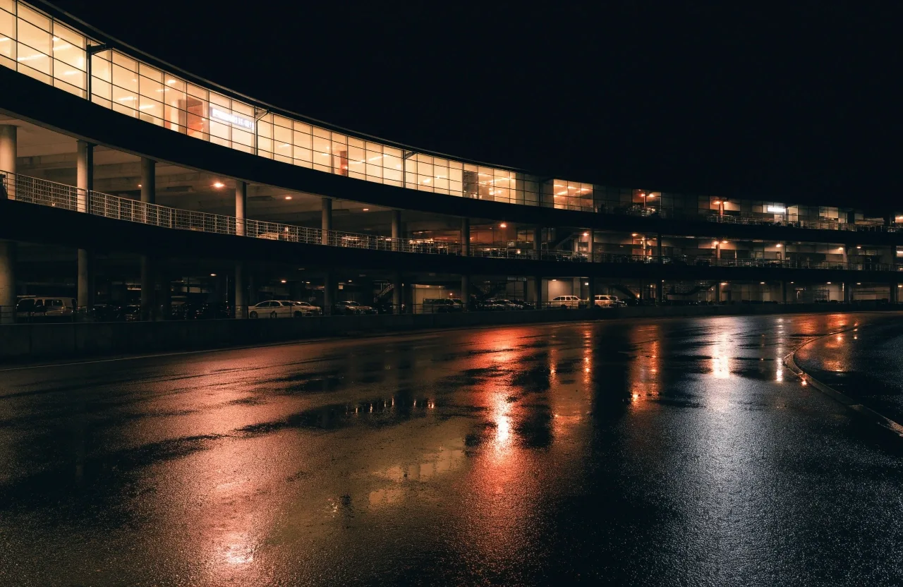 Domestic terminal car park at night across the road