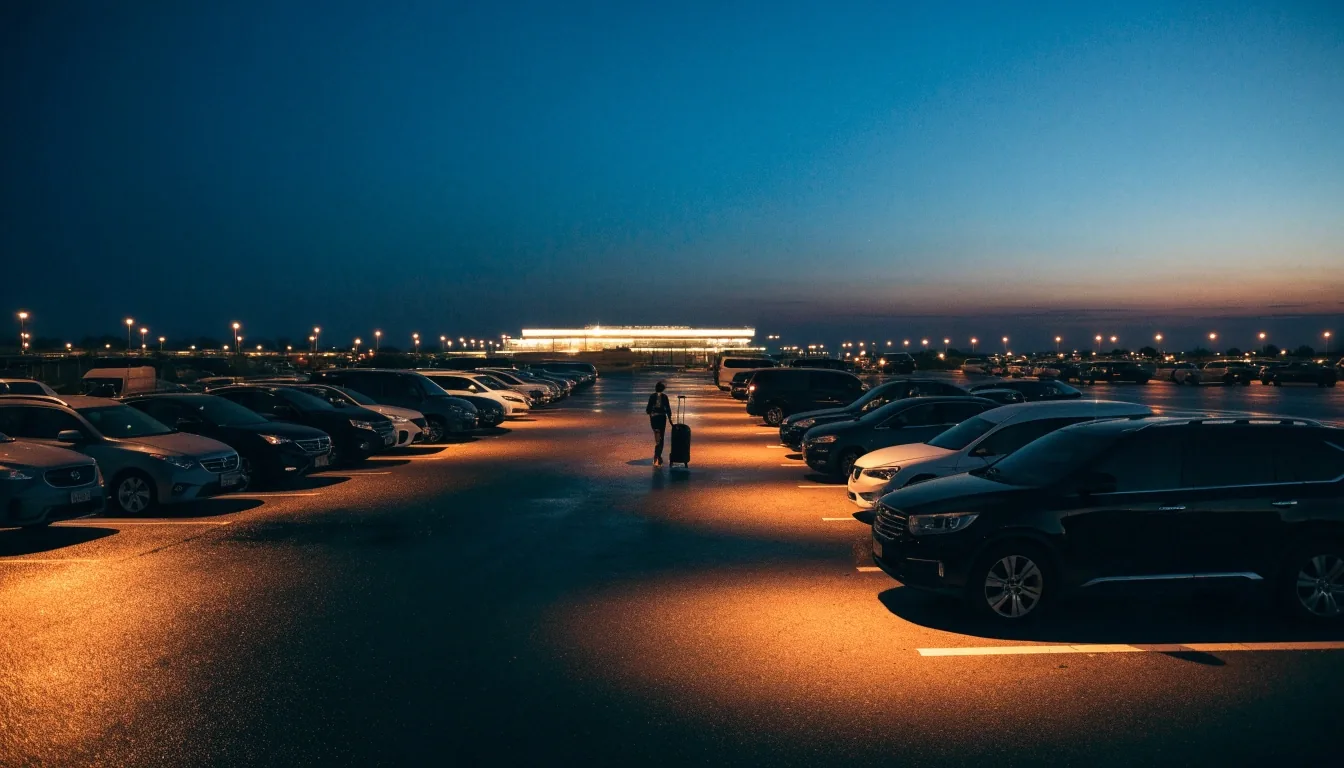 Open-air long-stay parking rows at Brisbane Airport at dusk