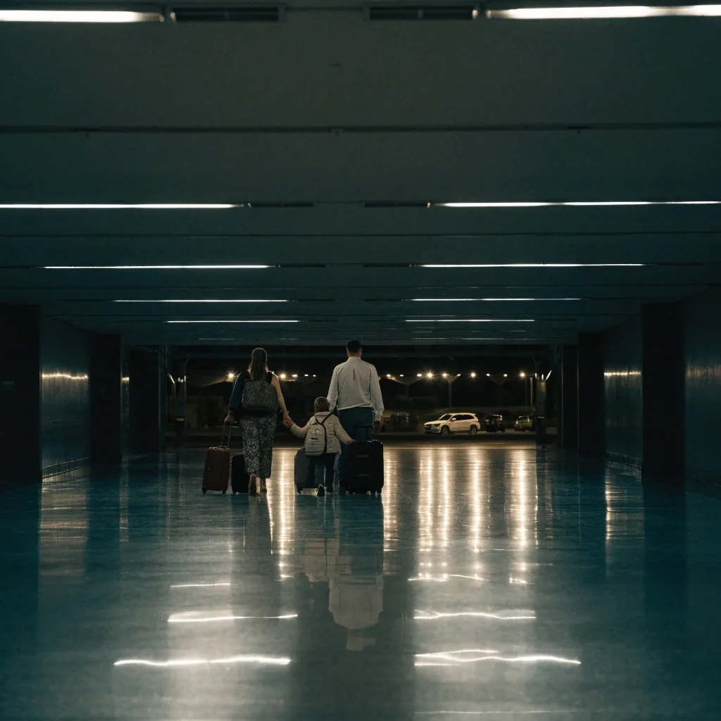 Covered walkway between terminal and car park at night