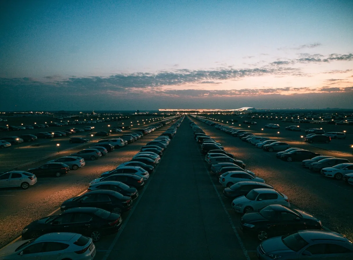 Open-air long-stay car park at dusk