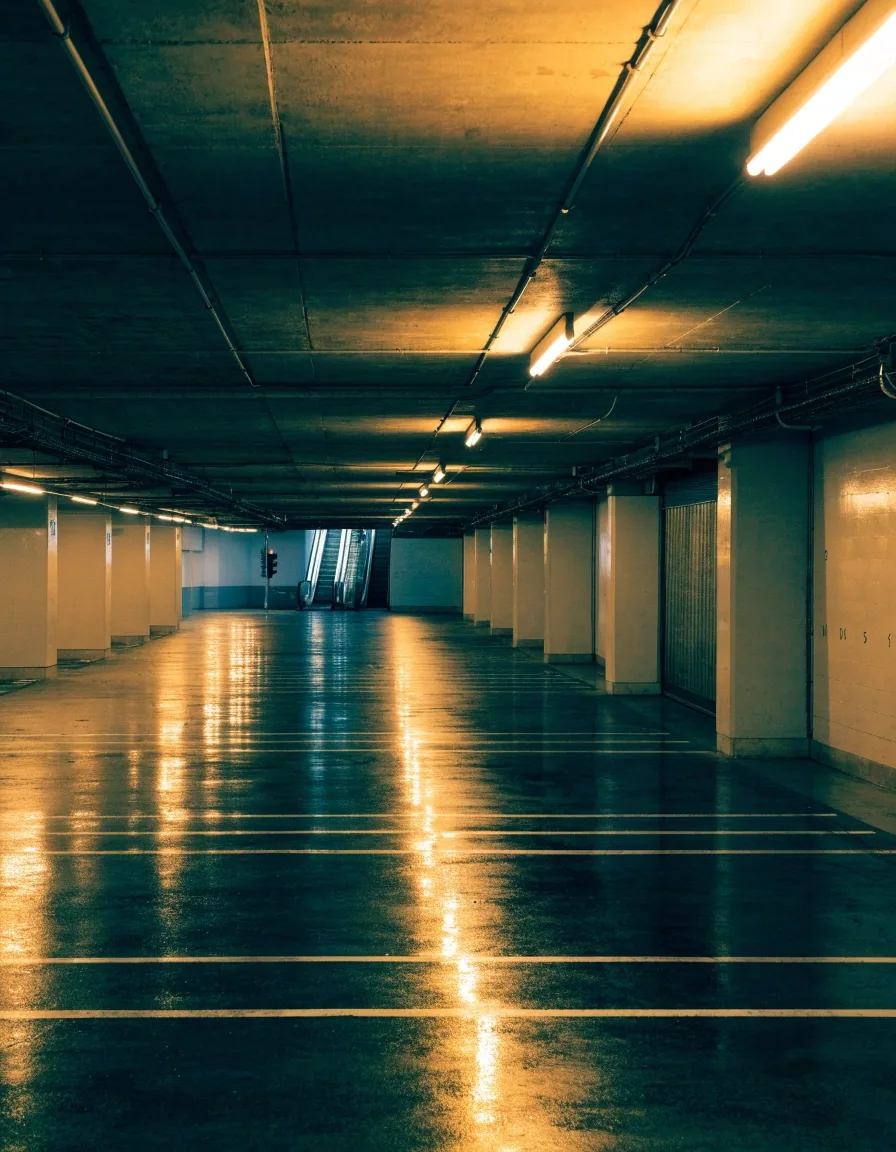 Undercover airport parking level at night