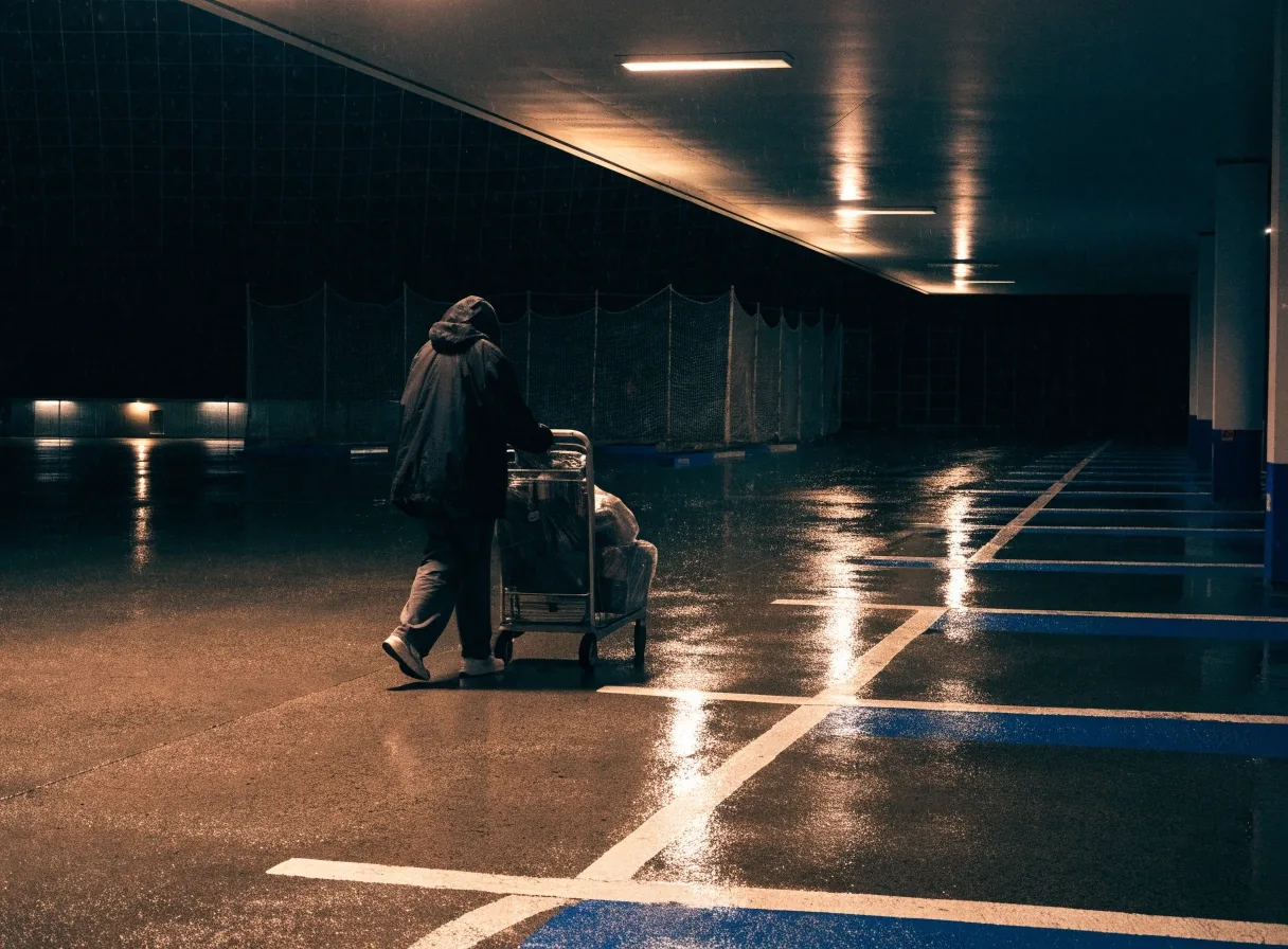 Accessible parking bay markings in rain at night