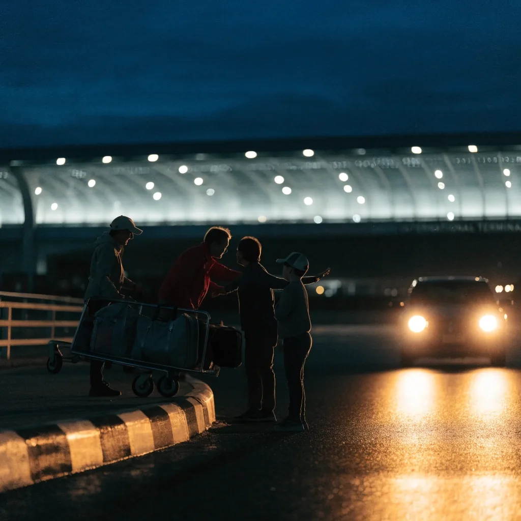 International pickup and drop-off kerb at night
