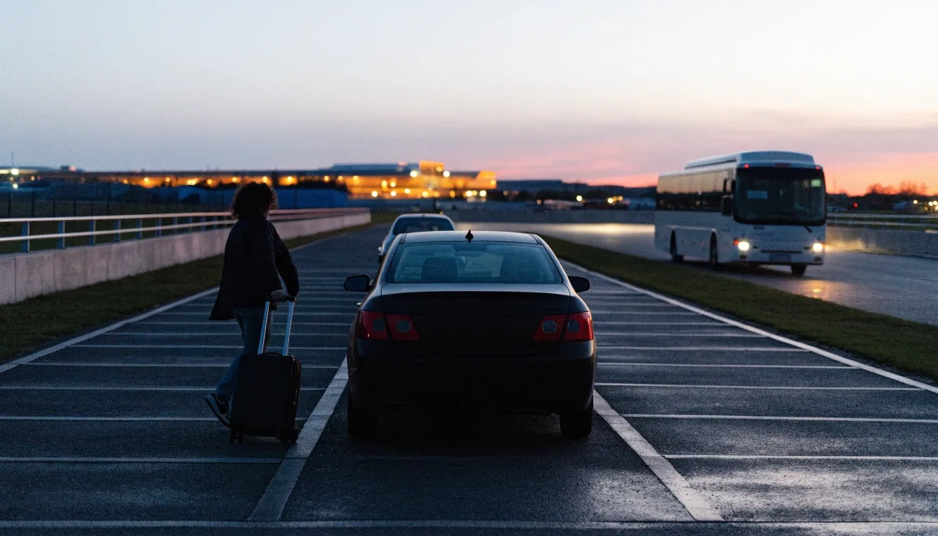 Open-air long-stay parking rows at dusk