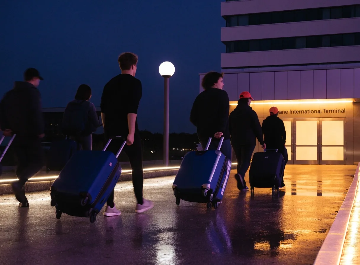 Walking toward the international terminal entrance at night