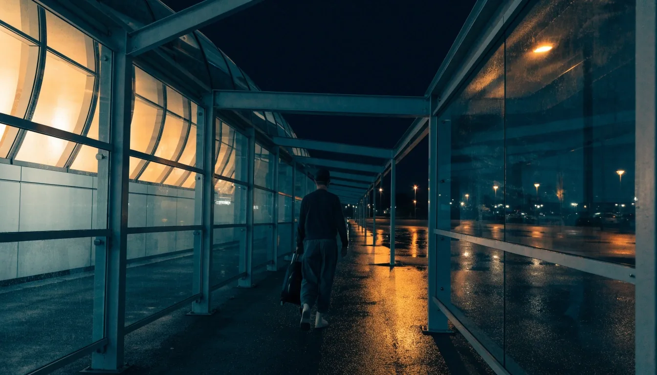 Covered walkway between terminal and car park at night in wet weather