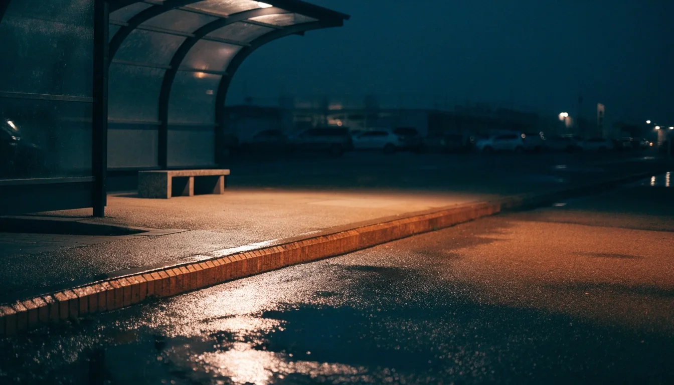 Empty covered shuttle stop at night with wet kerb