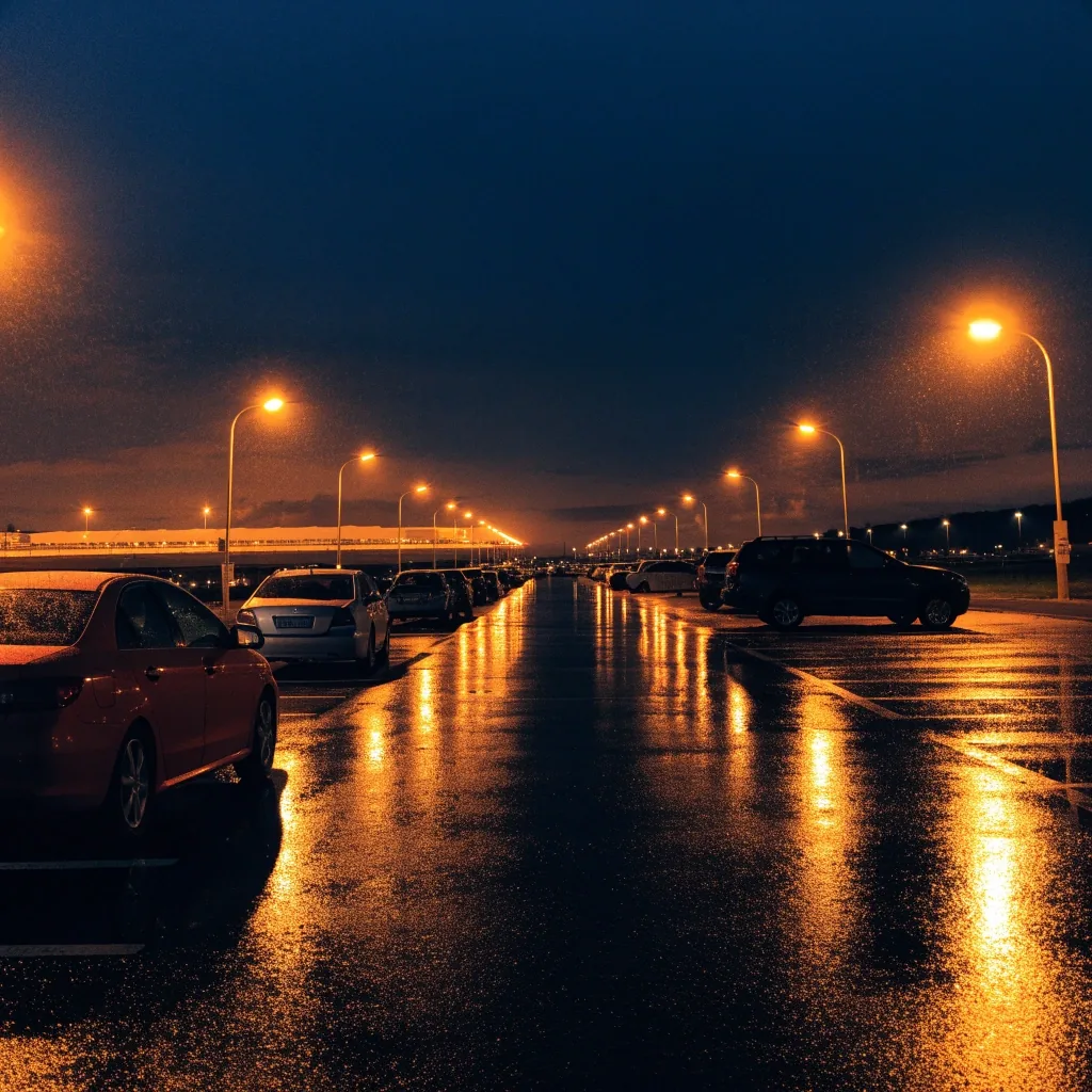 Open-air airport parking rows at night under warm lamps