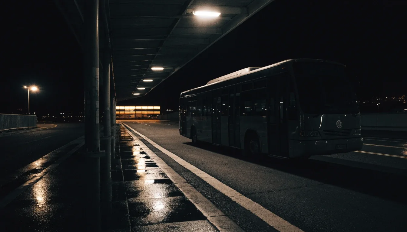 Covered airport transfer bay at night with wet kerb