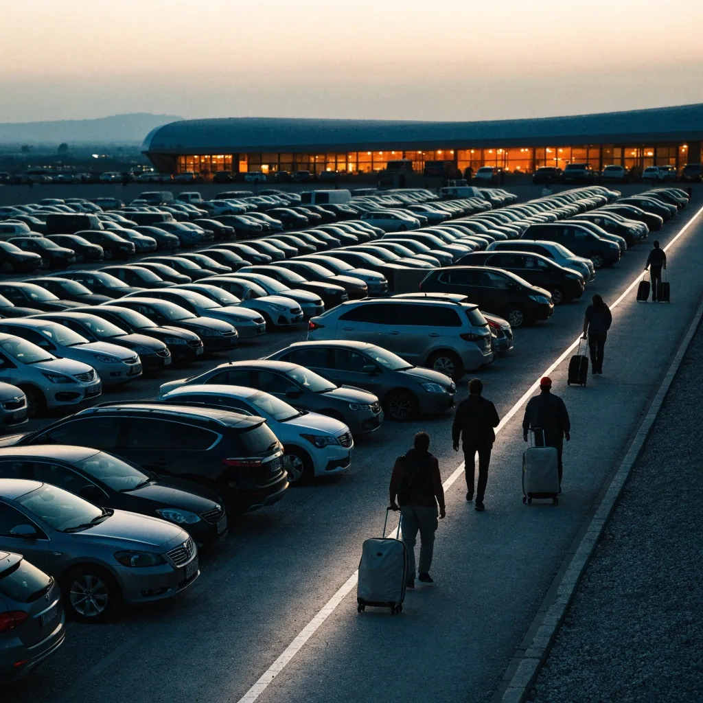 Open-air long-stay car park at dusk seen from above