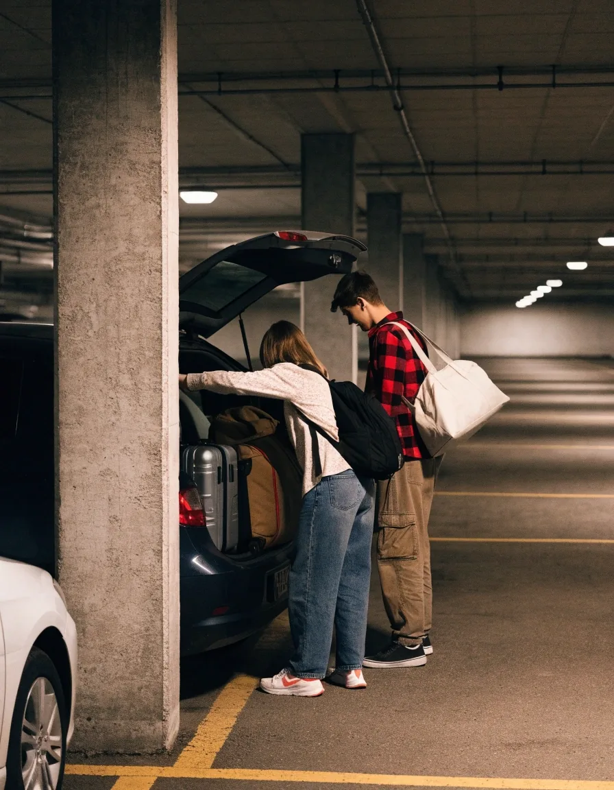 Undercover airport parking level under warm lighting